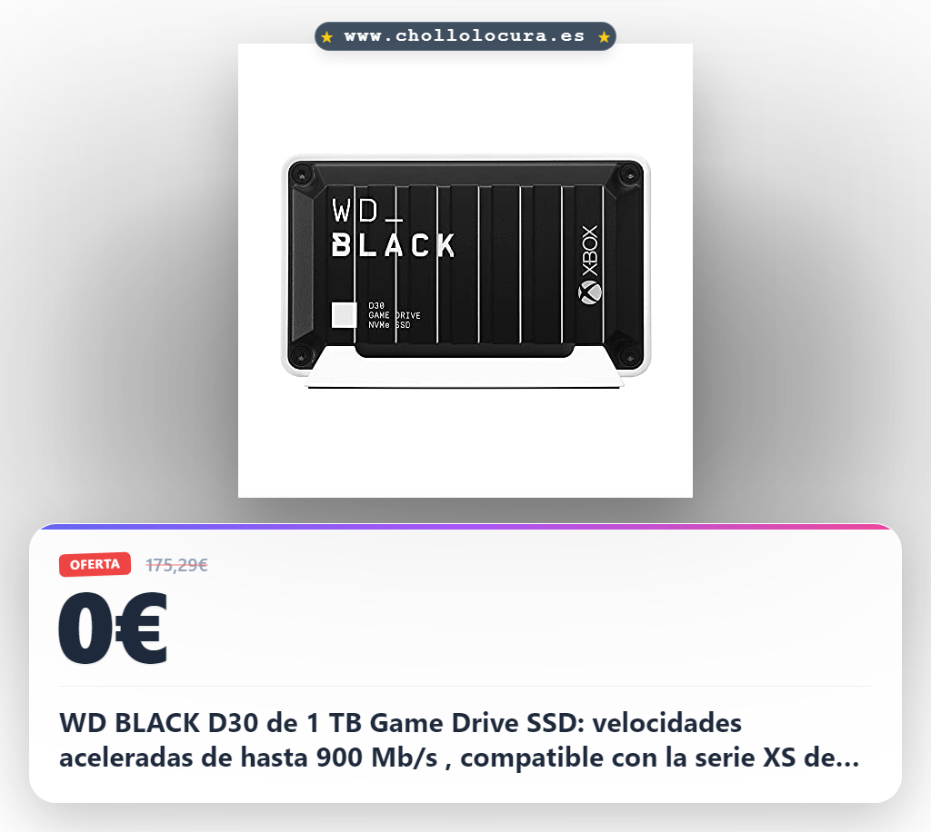WD BLACK D30 de 1 TB Game Drive SSD: velocidades aceleradas de hasta 900 Mb/s , compatible con la serie XS de Xbox y PlayStation 5