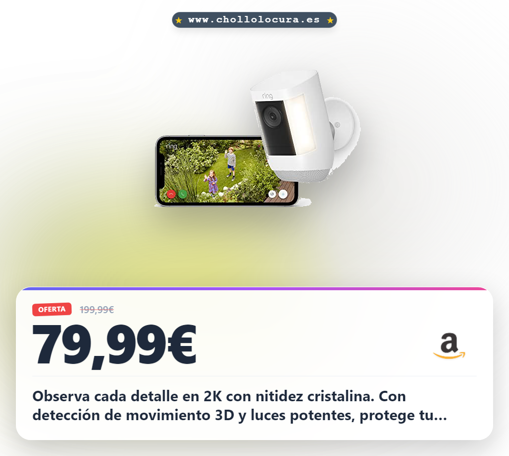 Consigue la cámara Ring Pro 2K con luces y batería. Detección 3D y visión nocturna. Instalación por cuenta propia al mejor precio