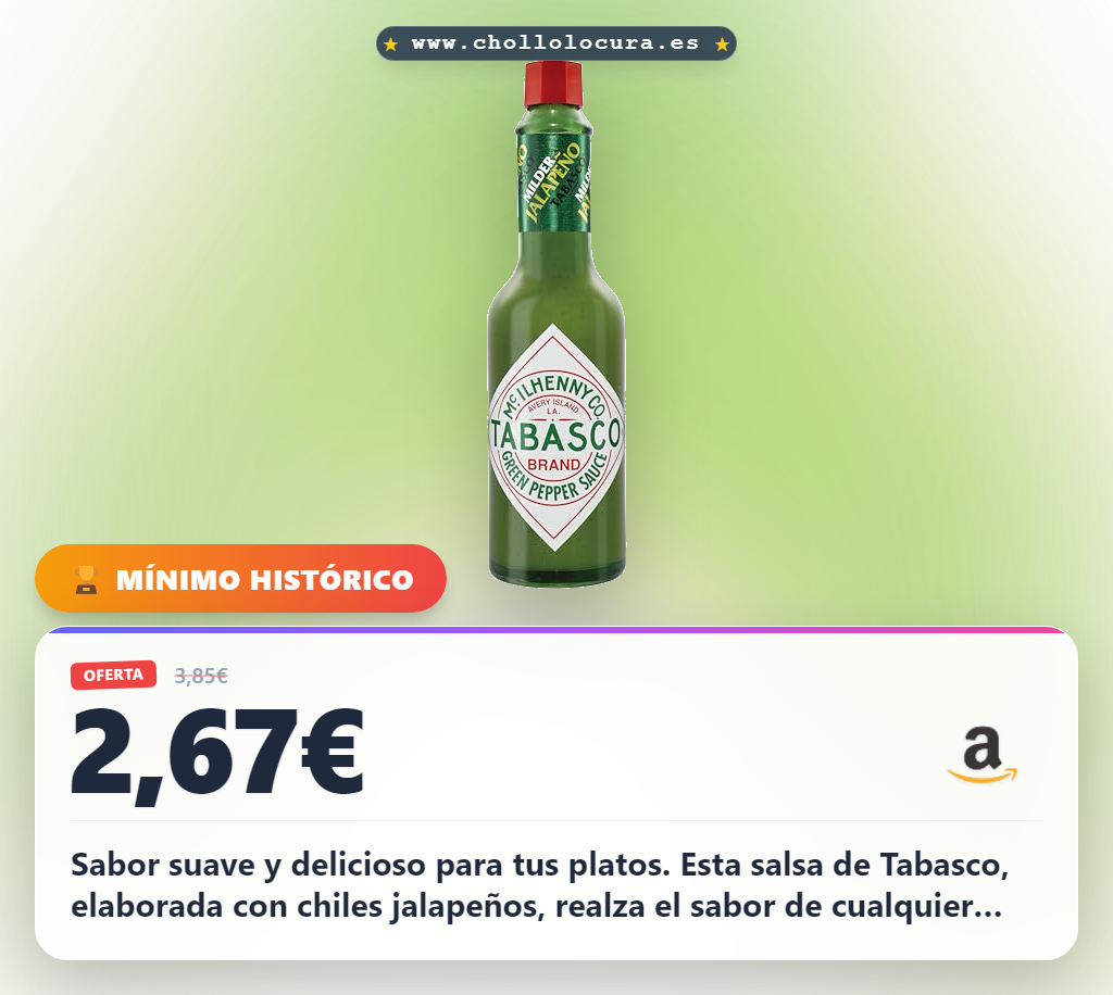 Aprovecha la salsa Tabasco verde suave con sabor a pimiento y chiles jalapeños en oferta histórica