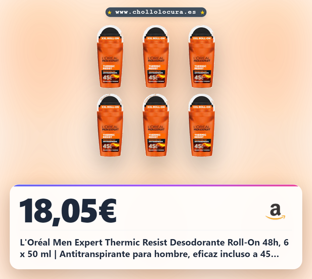 L'Oréal Men Expert Thermic Resist Desodorante Roll-On 48h, 6 x 50 ml | Antitranspirante para hombre, eficaz incluso a 45 grados, protección en picos de calor, testado dermatológicamente