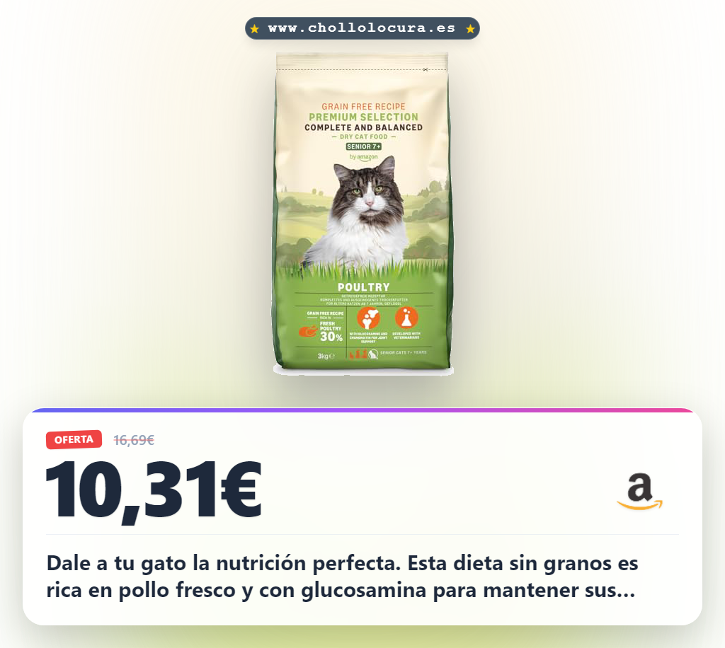 Consigue la comida completa para gatos senior sin granos con pollo fresco y condroitina al mejor precio