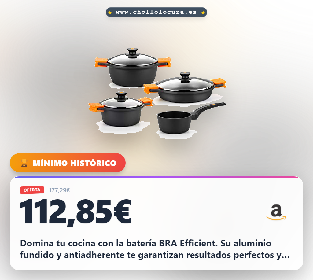 Consigue la batería de cocina BRA Efficient de 7 piezas en aluminio fundido antiadherente para horno y cocina inducción al mejor precio