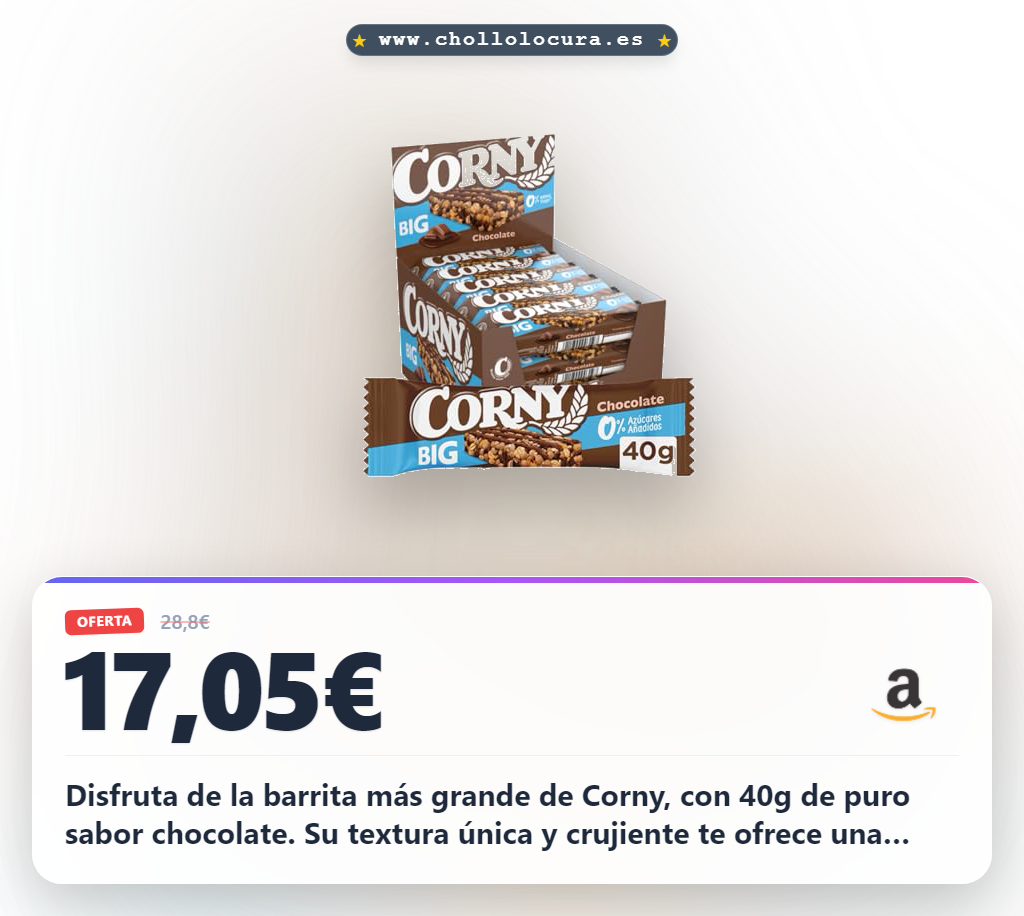 Aprovecha las barritas Corny de chocolate más grandes. Sin azúcares añadidos, con cereales integrales y textura única.