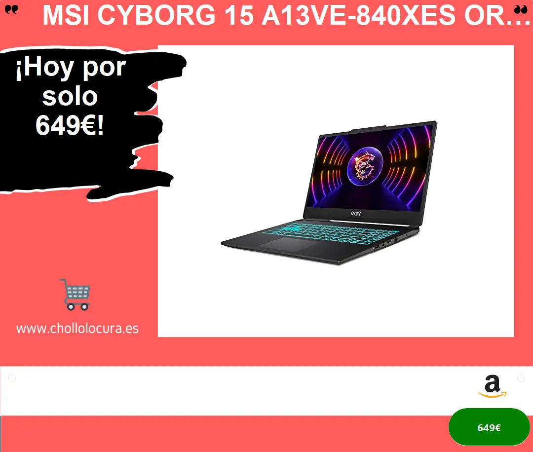Msi Cyborg 15 A13VE-840XES Ordenador Portátil Gaming 15.6" FHD 144Hz (Intel Core i5-13420H, 16GB RAM, 512GB SSD, RTX 4050-6GB, Sin Sistema Operativo) Negro Traslucido, Teclado QWERTY Español