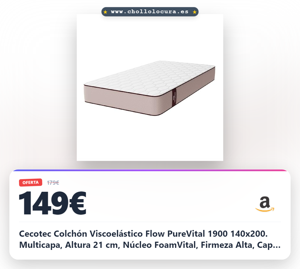 Cecotec Colchón Viscoelástico Flow PureVital 1900 140x200. Multicapa, Altura 21 cm, Núcleo FoamVital, Firmeza Alta, Capa Viscoelástica VisComfort, Tejido SoftTex, Doble Cara
