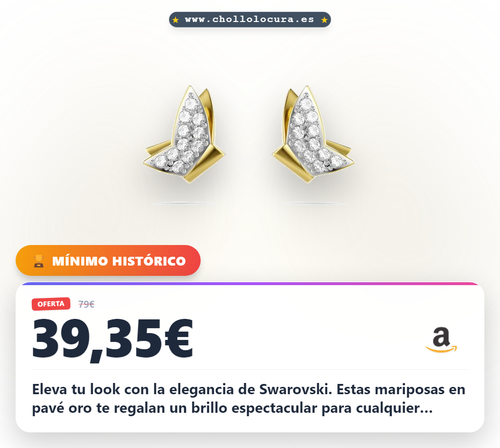 Eleva tu look con la elegancia de Swarovski. Estas mariposas en pavé oro te regalan un brillo espectacular para cualquier ocasión. Llévalos y deslumbra sin esfuerzo en cada momento.