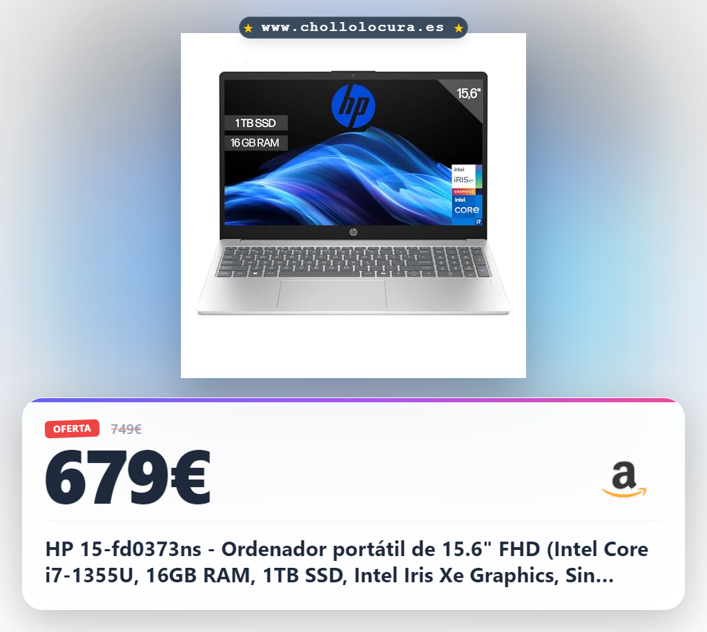 HP 15-fd0373ns - Ordenador portátil de 15.6" FHD (Intel Core i7-1355U, 16GB RAM, 1TB SSD, Intel Iris Xe Graphics, Sin Sistema operativo) Plata - Teclado QWERTY Español