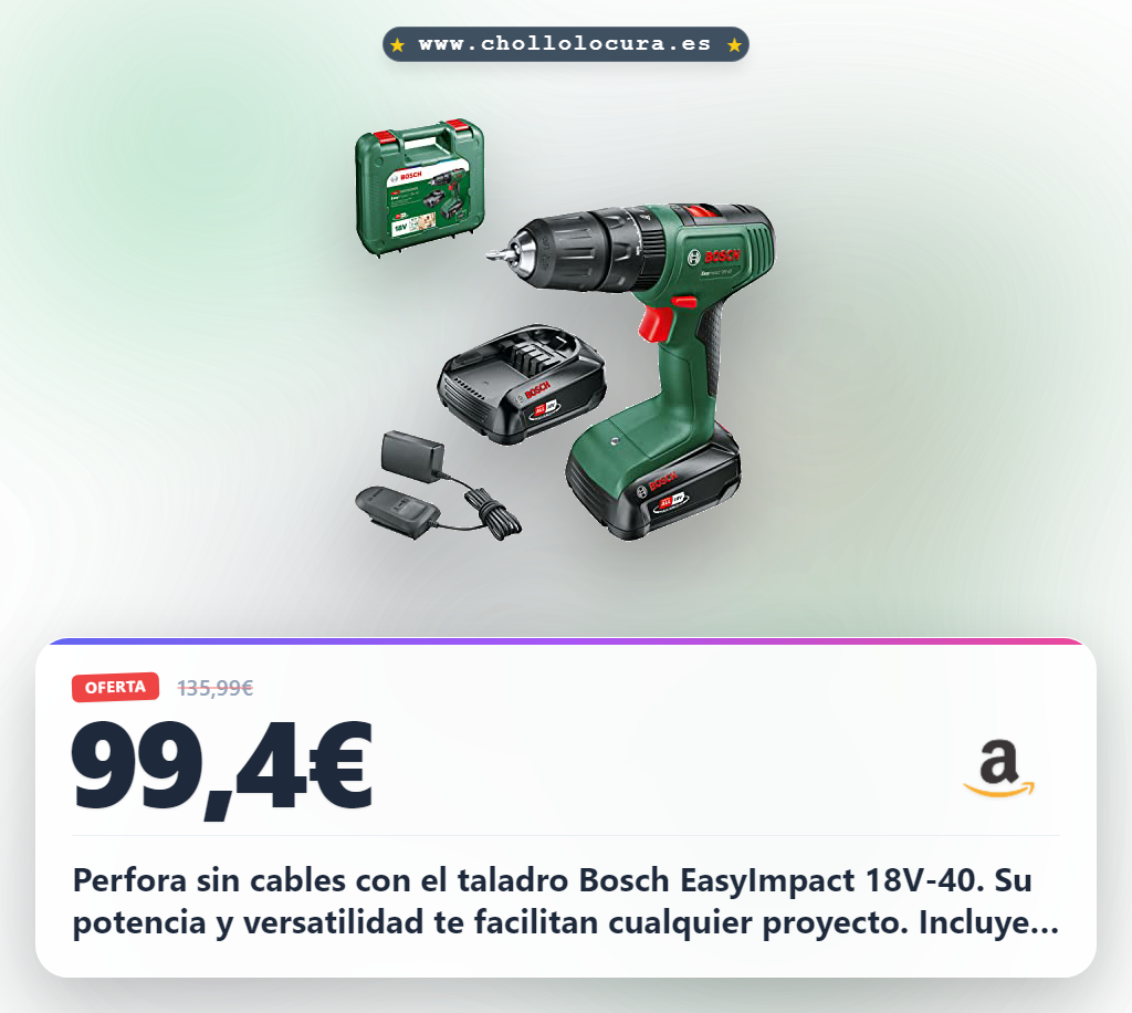 Descubre el taladro percutor a batería Bosch EasyImpact 18V-40 con 2 baterías y maletín de transporte en oferta