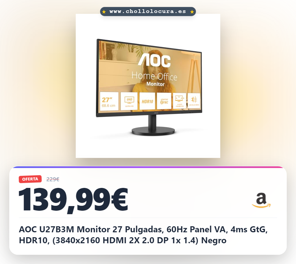 AOC U27B3M Monitor 27 Pulgadas, 60Hz Panel VA, 4ms GtG, HDR10, (3840x2160 HDMI 2X 2.0 DP 1x 1.4) Negro