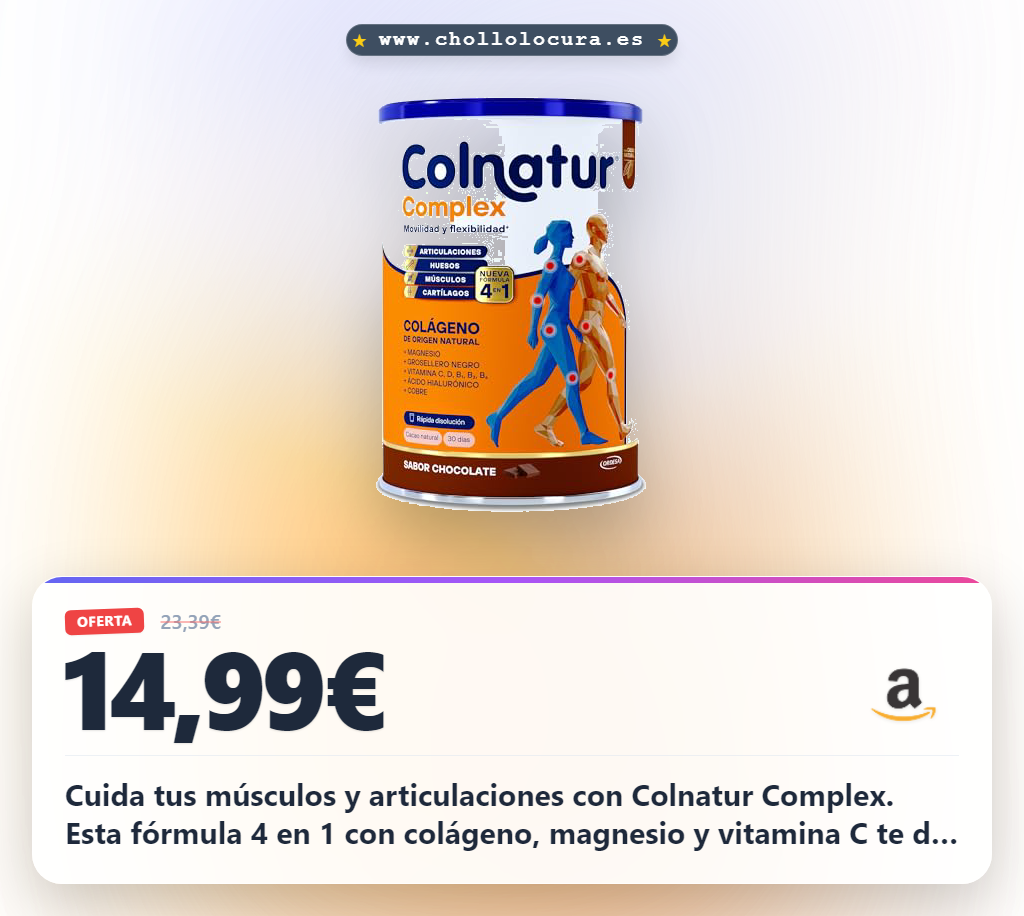 Aprovecha Colnatur Complex 4 en 1. Con Colágeno, Magnesio y Vitamina C para músculos, huesos y articulaciones. A precio de chollo.