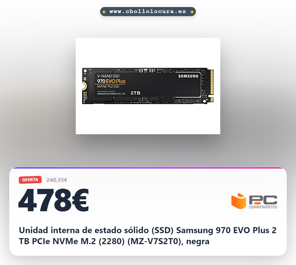 Unidad interna de estado sólido (SSD) Samsung 970 EVO Plus 2 TB PCIe NVMe M.2 (2280) (MZ-V7S2T0), negra