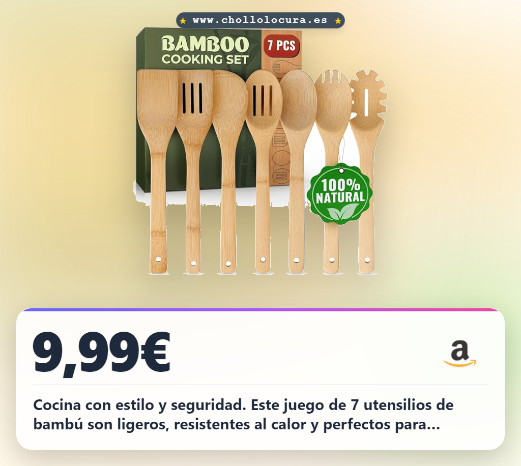 Aprovecha este juego de 7 utensilios de cocina de bambú resistentes y fáciles de limpiar al mejor precio
