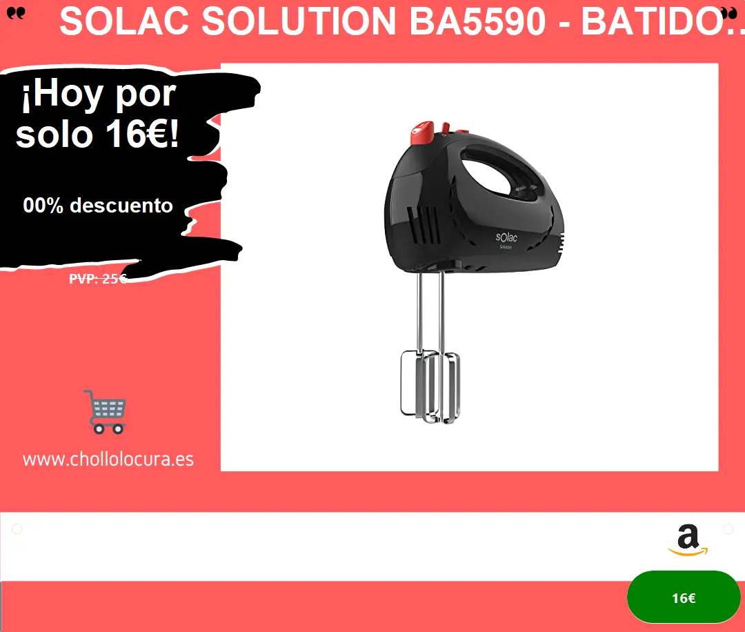 Solac Solution BA5590 - Batidora amasadora de 300W, con 5 velocidades, función turbo, 2 varillas batidoras y 2 amasadoras, fácil montaje y desmontaje, libre BPA