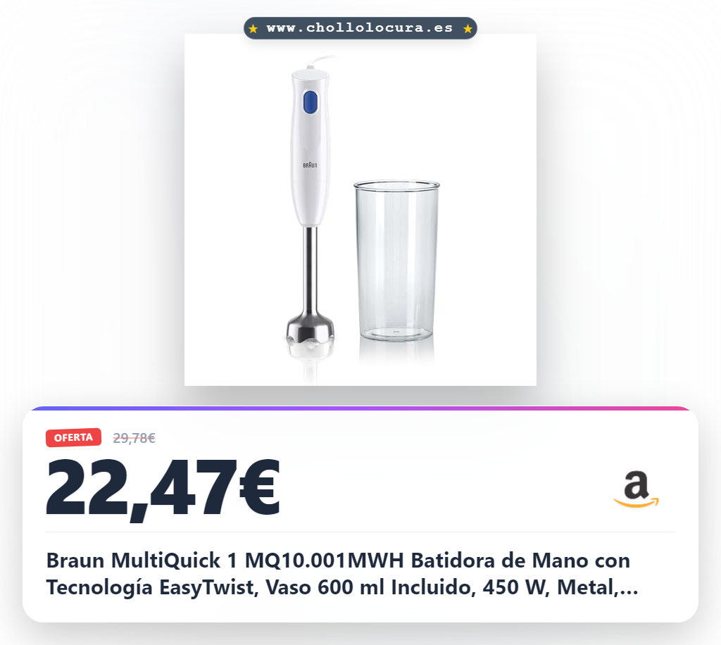 Braun MultiQuick 1 MQ10.001MWH Batidora de Mano con Tecnología EasyTwist, Vaso 600 ml Incluido, 450 W, Metal, Blanco