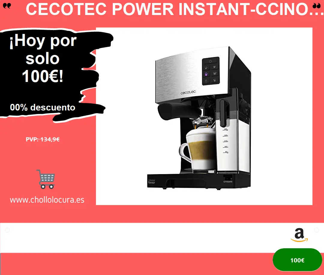 Cecotec Power Instant-ccino Cafetera Express Semiautomática, Tanque de Leche, Cappuccino en un Solo Paso, 20 Bares de Presión y Sistema Thermoblock, Inox