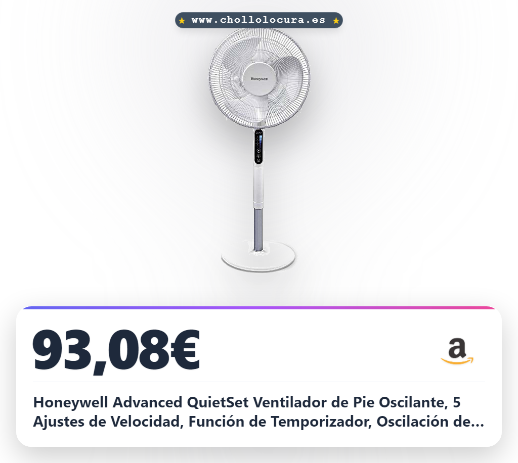 Honeywell Advanced QuietSet Ventilador de Pie Oscilante, 5 Ajustes de Velocidad, Función de Temporizador, Oscilación de 70°, Altura Regulable, Mando a Distancia, Fácil de Usar, HSF600W
