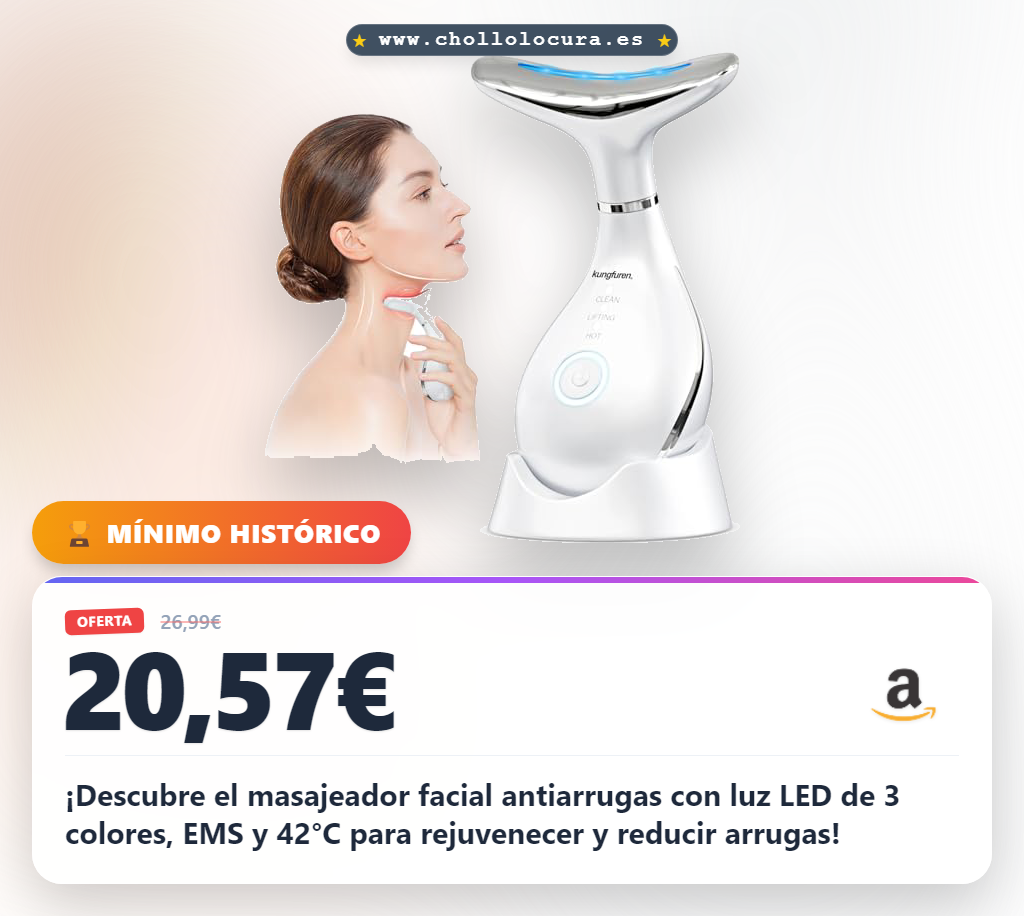 ¡Descubre el masajeador facial antiarrugas con luz LED de 3 colores, EMS y 42°C para rejuvenecer y reducir arrugas!