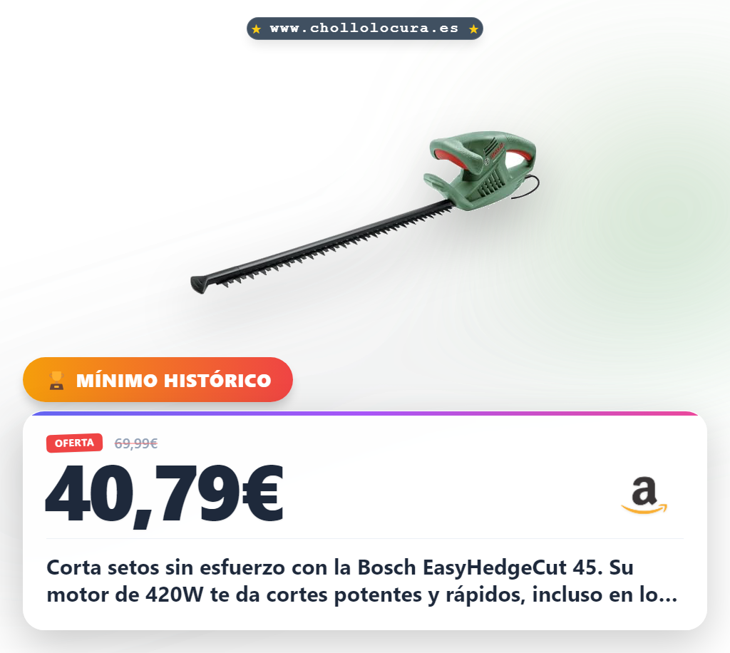 Corta setos sin esfuerzo con la Bosch EasyHedgeCut 45. Su motor de 420W te da cortes potentes y rápidos, incluso en los más densos. Gracias a su diseño ligero y ergonómico, trabajar será cómodo y fácil. ¡Recorta tus jardines sin sudar!