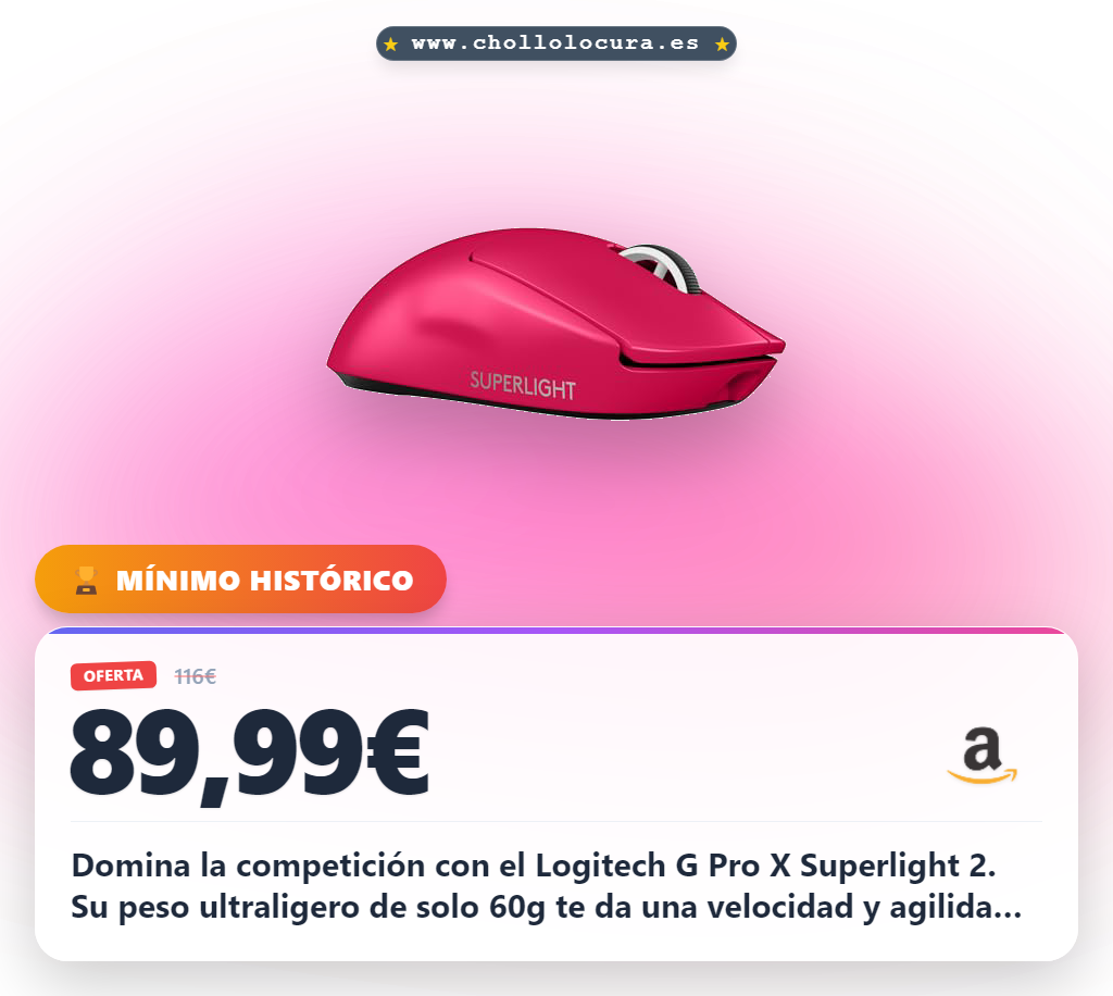 Consigue el Logitech G Pro X Superlight 2, ratón inalámbrico 60g para gaming con sensor HERO 2 y batería de 95 horas en oferta
