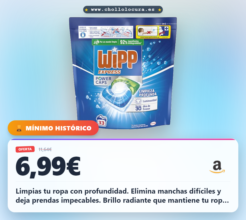 Ahorra con Wipp Express Power Caps: 33 dosis de detergente ecológico, 92% biodegradable y frescor duradero.