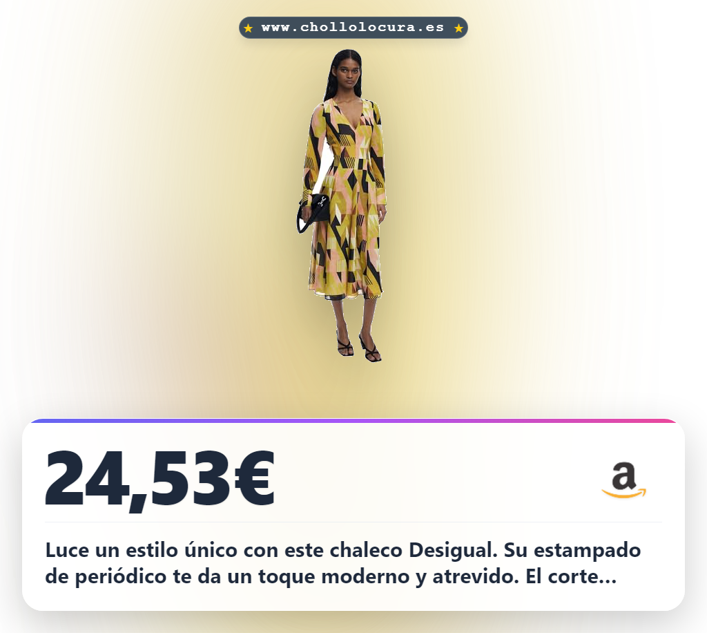 Luce un estilo único con este chaleco Desigual. Su estampado de periódico te da un toque moderno y atrevido. El corte regular y el largo midi son perfectos para cualquier ocasión. Consigue el tuyo ahora y añade un toque de tendencia a tu armario.