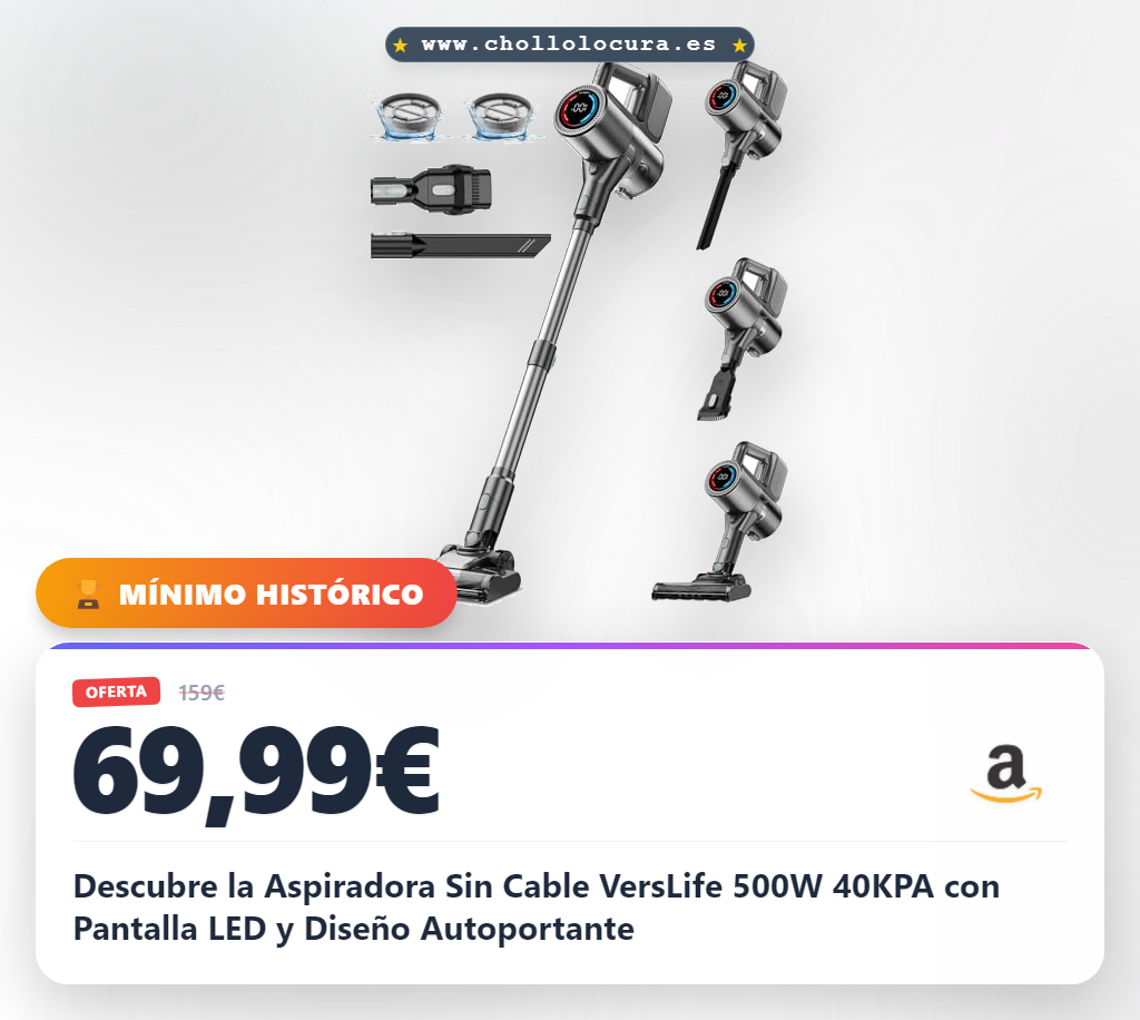 Descubre la Aspiradora Sin Cable VersLife 500W 40KPA con Pantalla LED y Diseño Autoportante