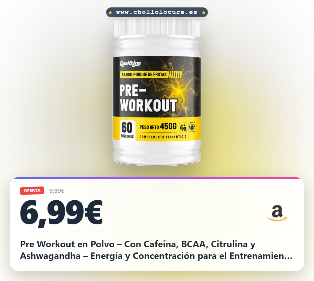 Pre Workout en Polvo – Con Cafeína, BCAA, Citrulina y Ashwagandha – Energía y Concentración para el Entrenamiento – 450 g, Sabor Ponche de Frutas