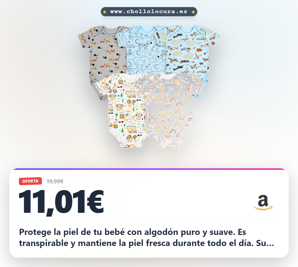 Protege la piel de tu bebé con algodón puro y suave. Es transpirable y mantiene la piel fresca durante todo el día. Su diseño a presión te facilita el cambio de pañal sin esfuerzo y los colores son resistentes. Un regalo práctico, duradero y con un precio de chollo.