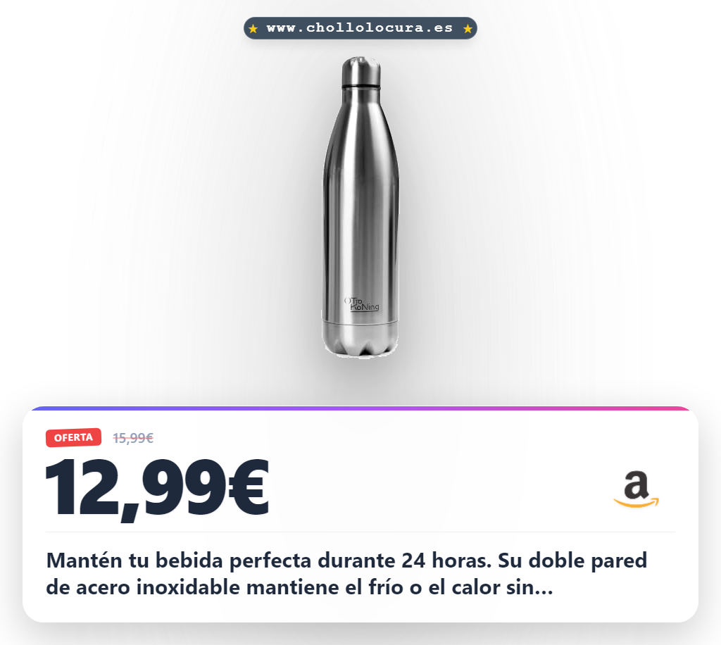 Aprovecha esta botella térmica de acero inoxidable 1 litro con doble pared. Aislamiento de 12h y 24h sin condensación.