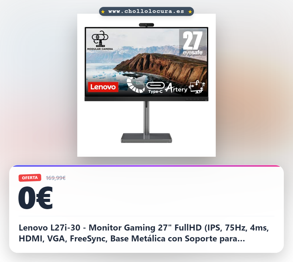 Lenovo L27i-30 - Monitor Gaming 27" FullHD (IPS, 75Hz, 4ms, HDMI, VGA, FreeSync, Base Metálica con Soporte para teléfono) Ajuste de inclinación - Negro