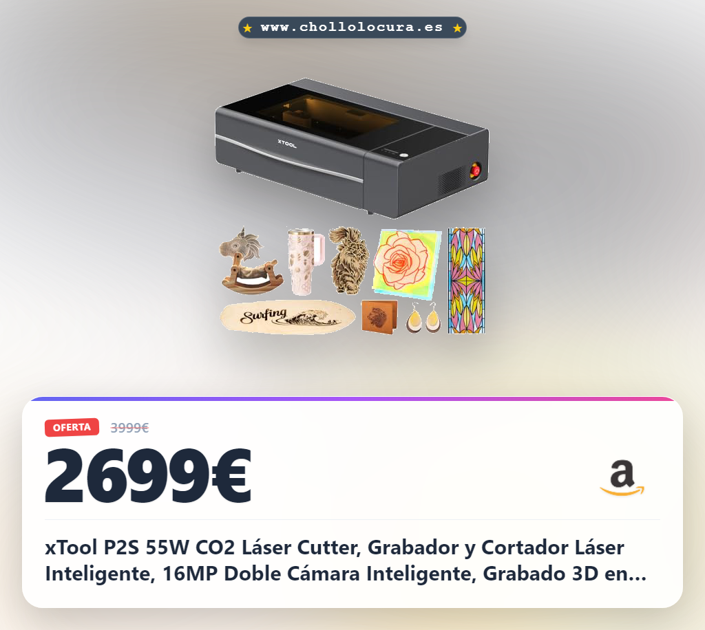 xTool P2S 55W CO2 Láser Cutter, Grabador y Cortador Láser Inteligente, 16MP Doble Cámara Inteligente, Grabado 3D en Superficies Curvas, Crea con Madera, Metal, Acrílico, Vidrio, Tela y Cuero