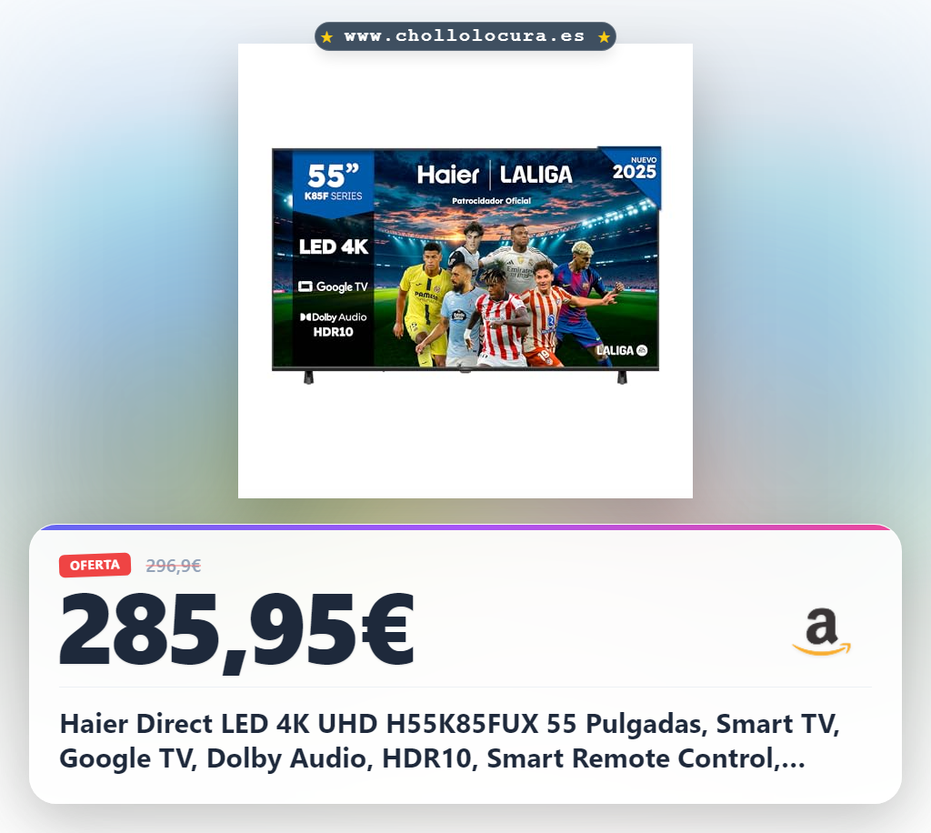 Haier Direct LED 4K UHD H55K85FUX 55 Pulgadas, Smart TV, Google TV, Dolby Audio, HDR10, Smart Remote Control, Google Assistant, Bluetooth 5.1, DBX TV, HDMI 2.1 x 4, Sin Marcos, 2025