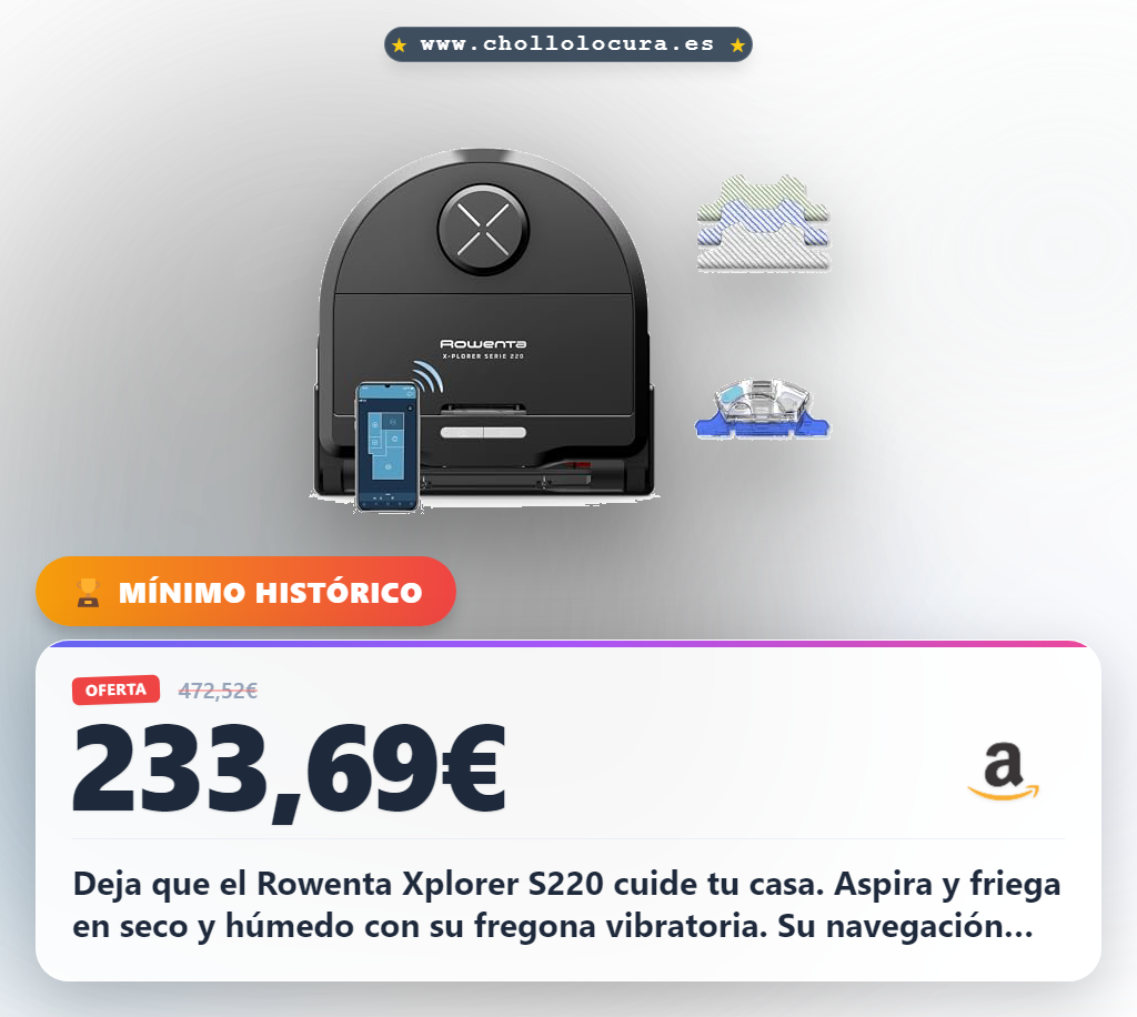 Obtén el Rowenta Xplorer S220 Robot Aspirador: Limpieza total en seco y húmedo con fregona vibratoria. ¡Mega Chollo!