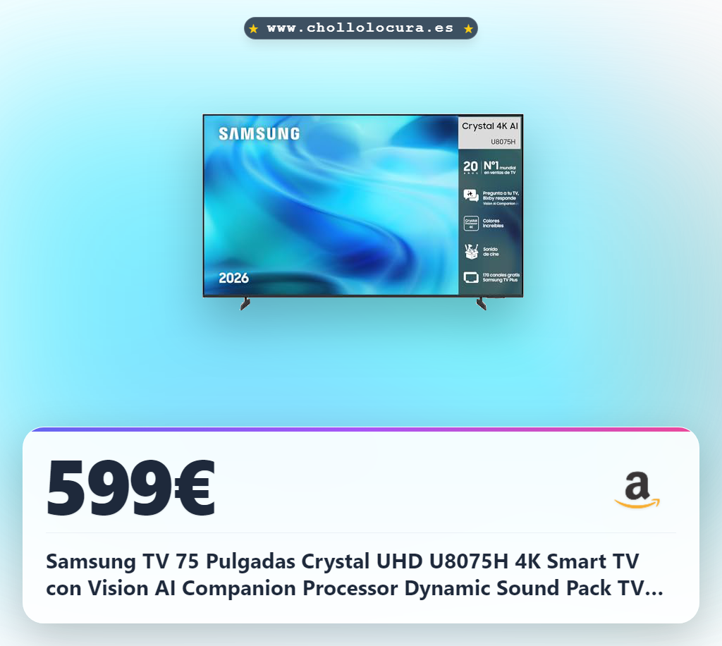 Samsung TV 75 Pulgadas Crystal UHD U8075H 4K Smart TV con Vision AI Companion Processor Dynamic Sound Pack TV Plus, Cine y Series, 2026