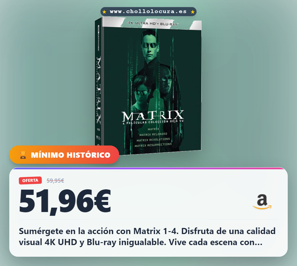 Disfruta de Matrix 1-4 en 4K UHD y Blu-ray al mejor precio de oferta histórica garantizada en España.