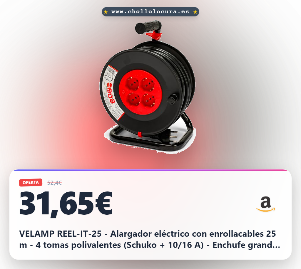 VELAMP REEL-IT-25 - Alargador eléctrico con enrollacables 25 m - 4 tomas polivalentes (Schuko + 10/16 A) - Enchufe grande 16 A - Interruptor de protección - Cable eléctrico multipolar 3G sección 1,5