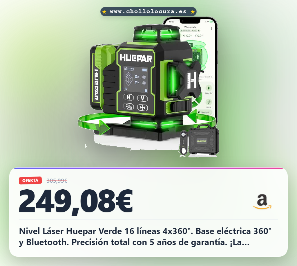Consigue Nivel Láser Huepar 4x360° Verde Autonivelante con Base Giratoria Bluetooth y 5 Años de Garantía