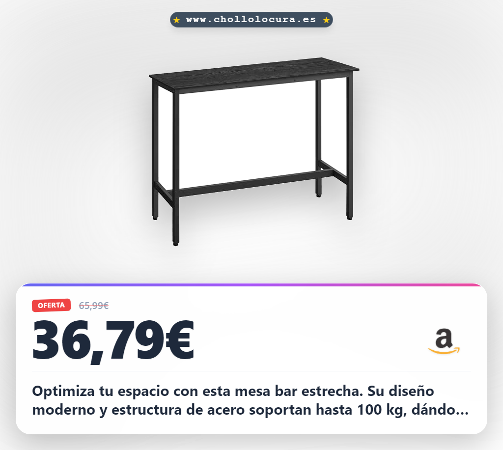 Llévate la Mesa de Bar VASAGLE de acero Negro Ébano 40cm, ideal para tu cocina al precio de chollo.