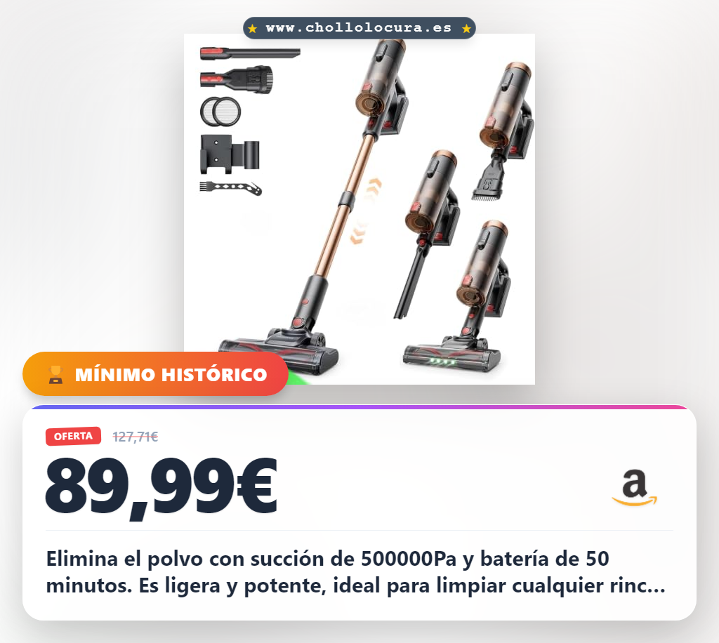 Consigue la aspiradora sin cable 500000Pa con succión 50KPa y batería de 50 min en oferta histórica