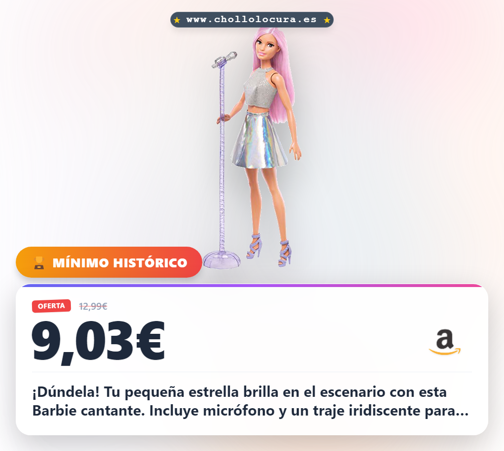 ¡Dúndela! Tu pequeña estrella brilla en el escenario con esta Barbie cantante. Incluye micrófono y un traje iridiscente para que juegue a la diva. El regalo perfecto para que se divierta a precio de chollo.
