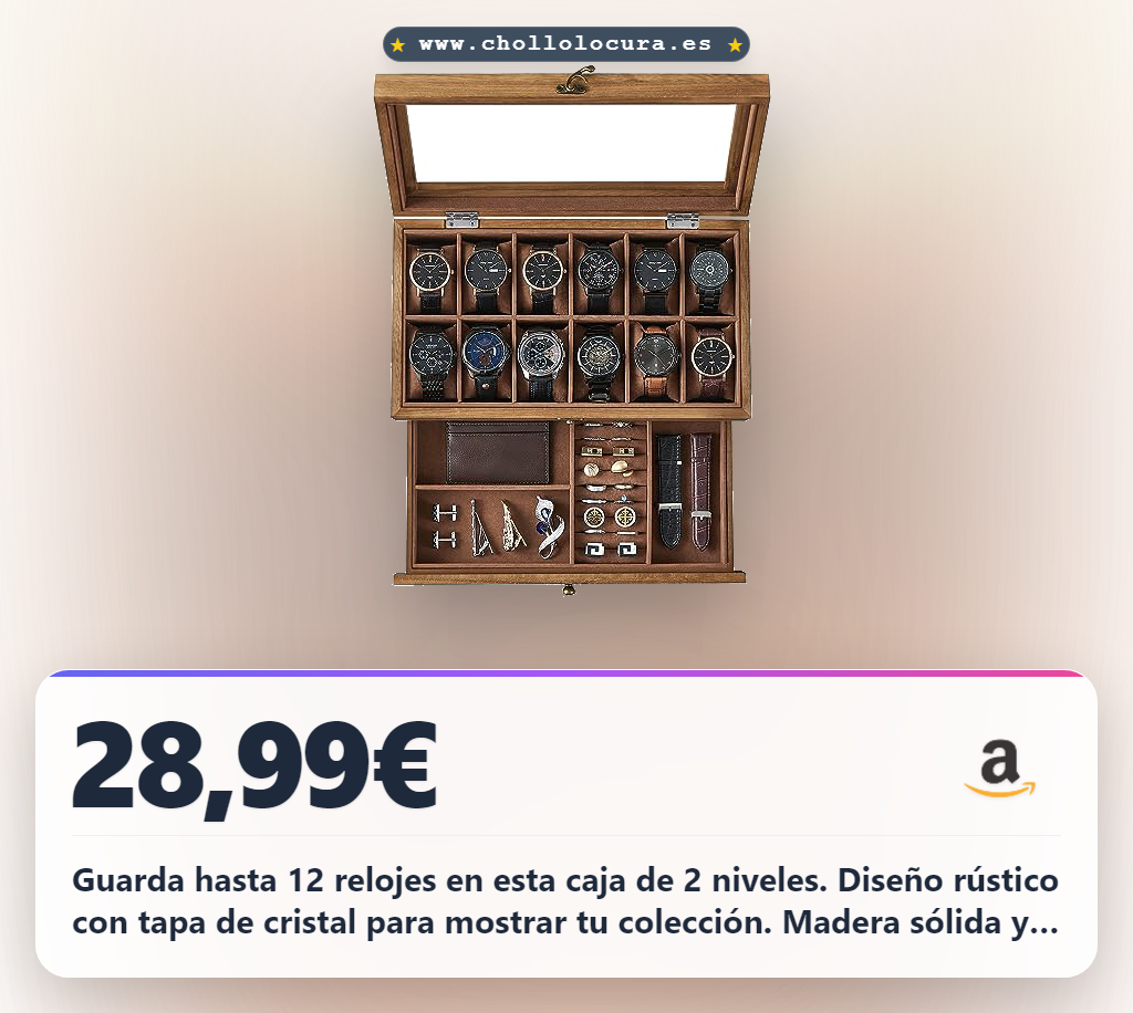 Consigue esta caja de relojes rústica de madera con 12 niveles y tapa de cristal. Protege tu colección con terciopelo suave.
