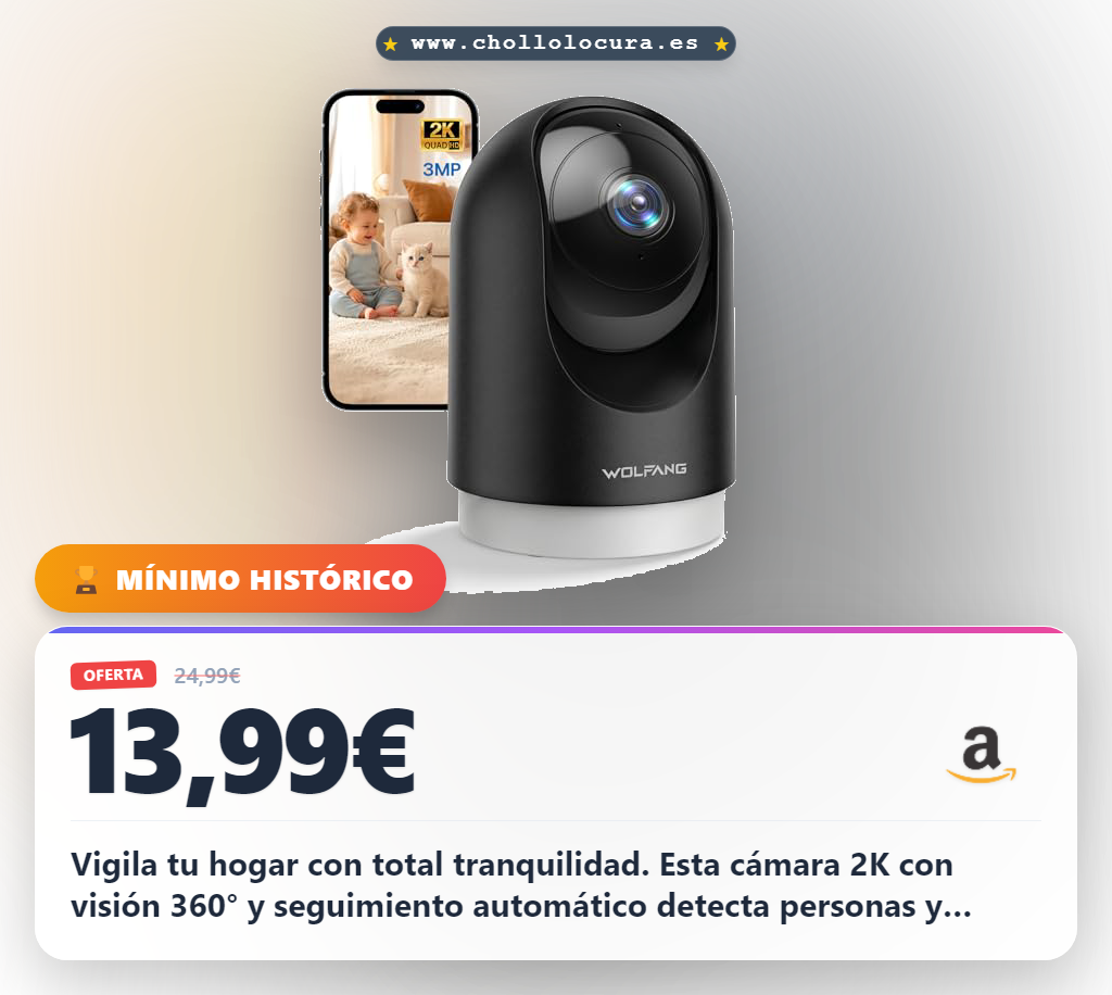 Consigue cámara vigilancia interior 2K WiFi 360° PTZ con seguimiento y audio bidireccional al mejor precio