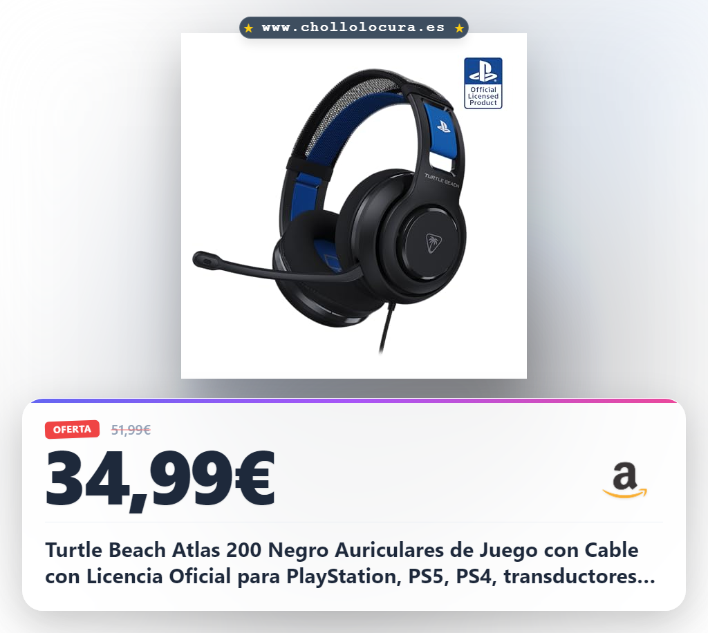 Turtle Beach Atlas 200 Negro Auriculares de Juego con Cable con Licencia Oficial para PlayStation, PS5, PS4, transductores Nanoclear de 50 mm, micrófono con función de Silencio al abatir para PlayStation 5
