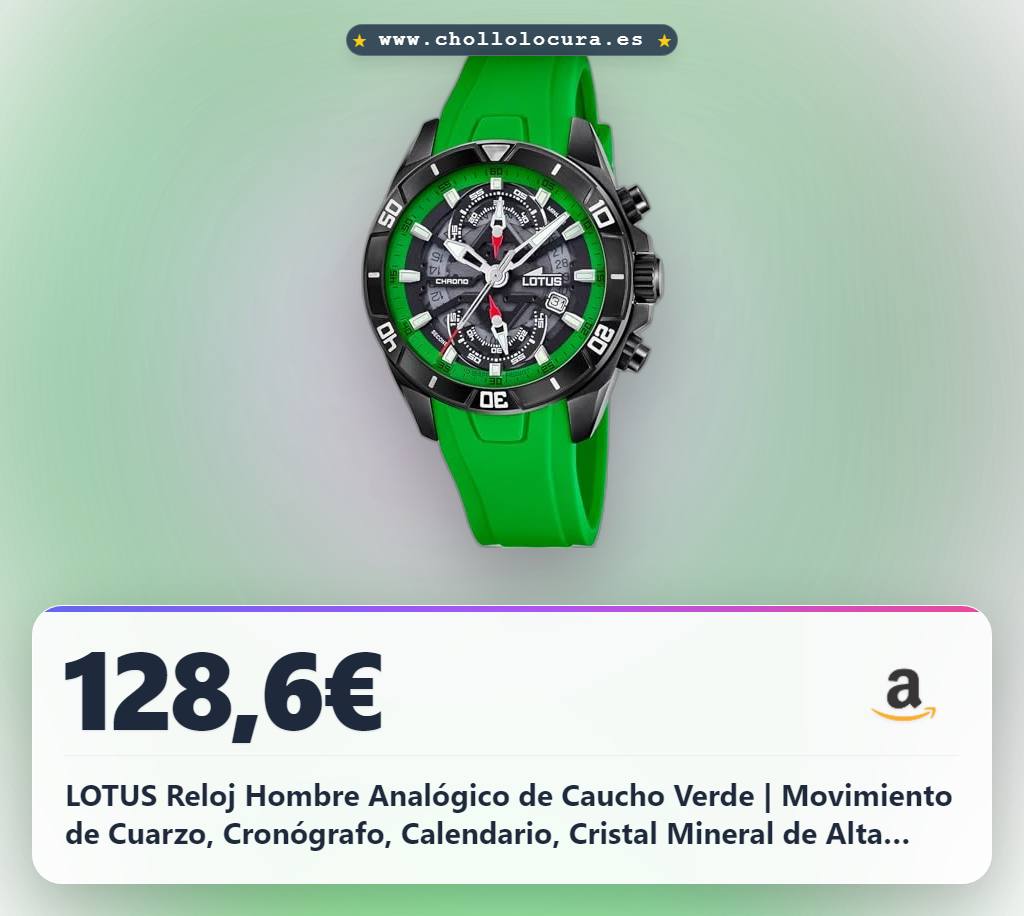 LOTUS Reloj Hombre Analógico de Caucho Verde | Movimiento de Cuarzo, Cronógrafo, Calendario, Cristal Mineral de Alta Resistencia, Resistente al Agua 10 ATM 18945/4 Vortex