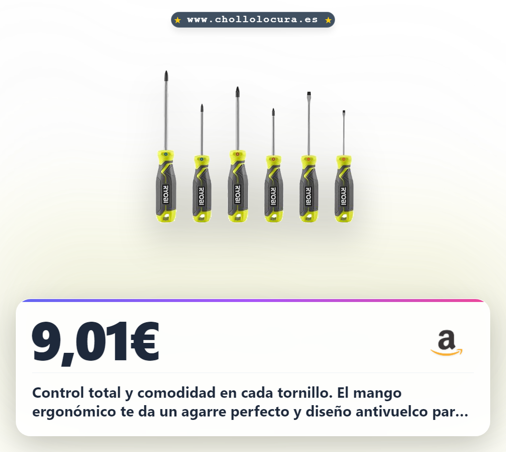 Consigue el juego de 6 destornilladores magnéticos Ryobi con mango ergonómico y variedad de brocas a precio de chollo