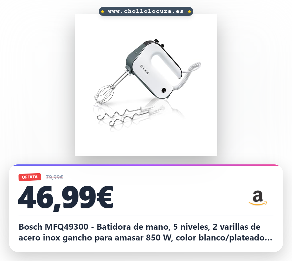 Bosch MFQ49300 - Batidora de mano, 5 niveles, 2 varillas de acero inox gancho para amasar 850 W, color blanco/plateado oscuro