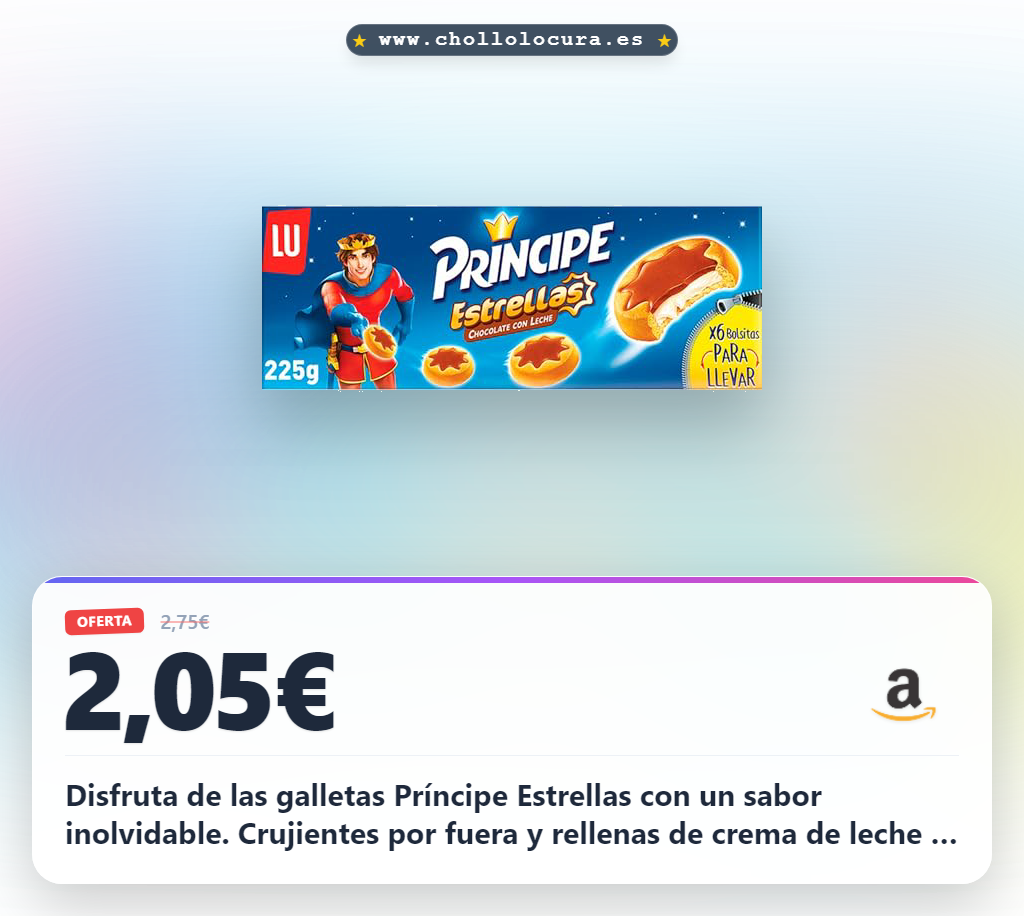 Aprovecha las galletas Príncipe Estrellas con chocolate y leche en forma de estrella al mejor precio de oferta