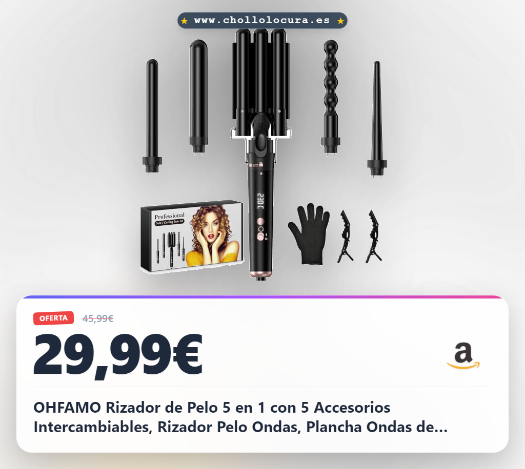 OHFAMO Rizador de Pelo 5 en 1 con 5 Accesorios Intercambiables, Rizador Pelo Ondas, Plancha Ondas de Cerámica, Temperatura Ajustable, Calentamiento Rápido, Rizador Tres Barriles para Rizos y Ondas