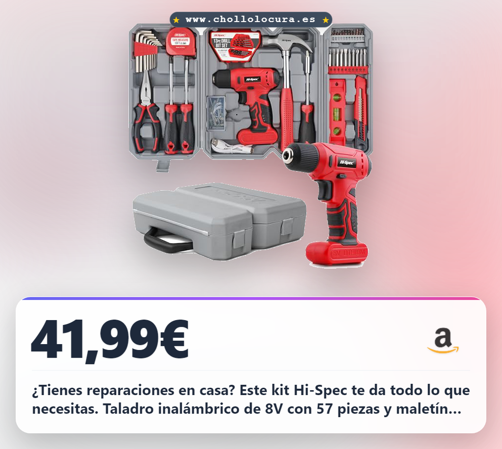 Adquiere el Juego de Herramientas Hi-Spec: Taladro Inalámbrico 8V con 57 piezas y maletín compacto a precio de chollo.
