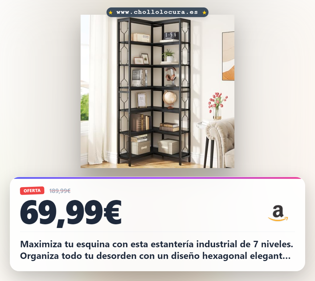Maximiza tu esquina con esta estantería industrial de 7 niveles. Organiza todo tu desorden con un diseño hexagonal elegante que añade sofisticación a tu sala o cocina. Es robusta y segura, además de un montaje rápido y sencillo. ¡Adiós al caos y hola al orden!